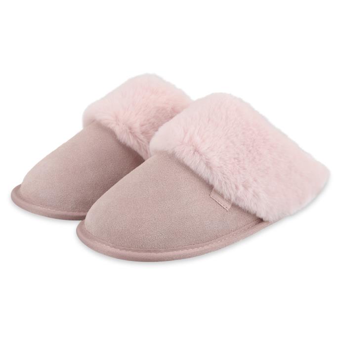 Isotoner® Ladies Suede Mule Slipper With Fur Cuff Pink Extra Image 1